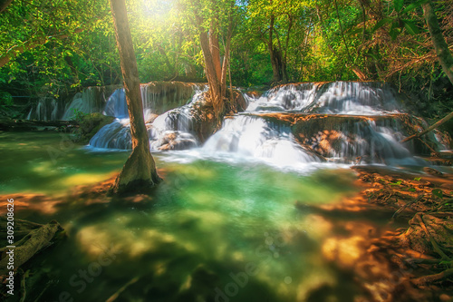 Huay Mae Khamin waterfalls in tropical forest at Srinakarin National Park , a beautiful stream water famous rainforest , Kanchanaburi  province, Thailand photo