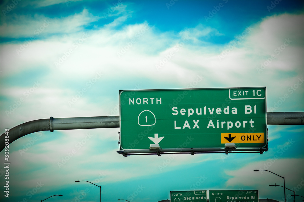 Sepulveda blvd and LAX airport road sign on the freeway in Los Angeles