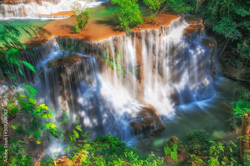 Fototapeta Naklejka Na Ścianę i Meble -  Huay Mae Khamin waterfalls in tropical forest at Srinakarin National Park , a beautiful stream water famous rainforest , Kanchanaburi  province, Thailand