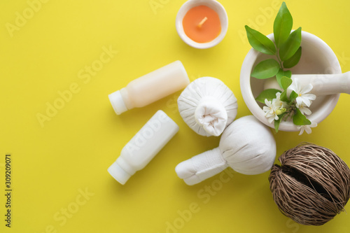 Flat lay, top view Composition of homemade spa treatments on color background.Beauty concept.