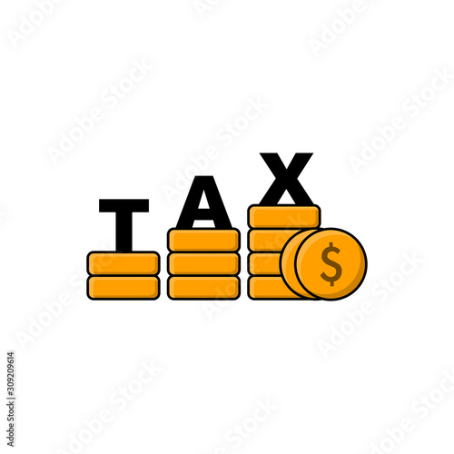 Three stack of coins with text TAX. Flat illustration. Isolated on white background. 