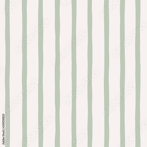 Parallel lines hand drawn vector seamless pattern. Vertical stripes geometrical simple texture. Pastel green stripy geo on light background. Abstract wallpaper, backdrop textile design