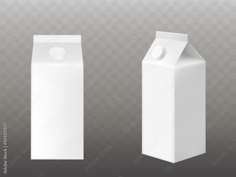 White cardboard pack for milk or juice with cap front and side view. Vector mockup of realistic blank gable top package boxes of drink, beverage isolated on transparent background White cardboard pack for milk or juice with cap front and side view. Vector mockup of realistic blank gable top package boxes of drink, beverage isolated on transparent background