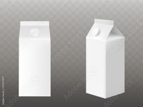 White cardboard pack for milk or juice with cap front and side view. Vector mockup of realistic blank gable top package boxes of drink,  beverage isolated on transparent background