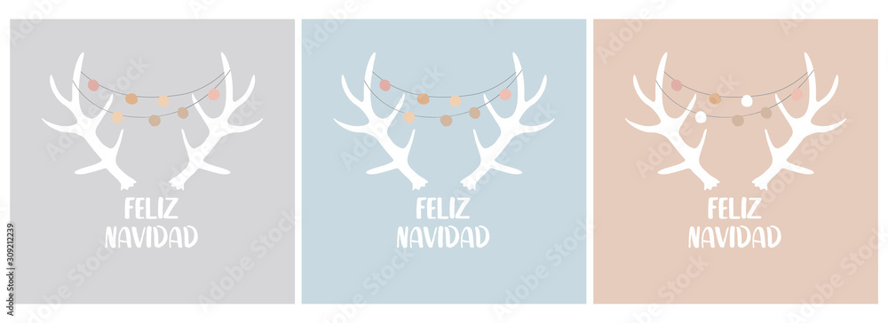 Feliz Navidad - Merry Christmas. Spanish Wishes Vector Illustration with White Deer Antlers Isolated on a Blue, Gray and Light Brown Background. Cute Christmas Design. Simple Christmas Vector Art.