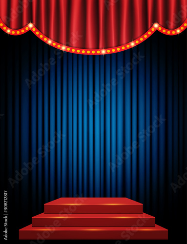 Empty scene with red stage podium and blue curtain