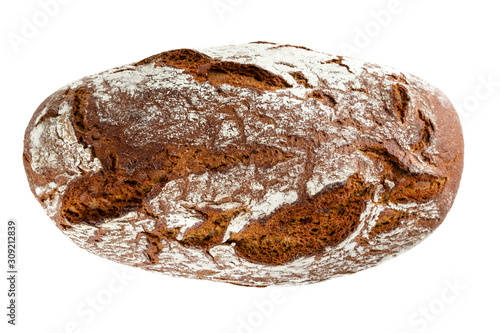 Rye bread with dark crust. Top view of rye bread loaf isolted on white background photo