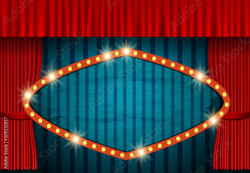 Vintage banner on Red curtain and circus retro background