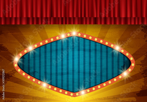 Rerto banner on Background with red circus vintage curtain. Design for presentation, concert, show