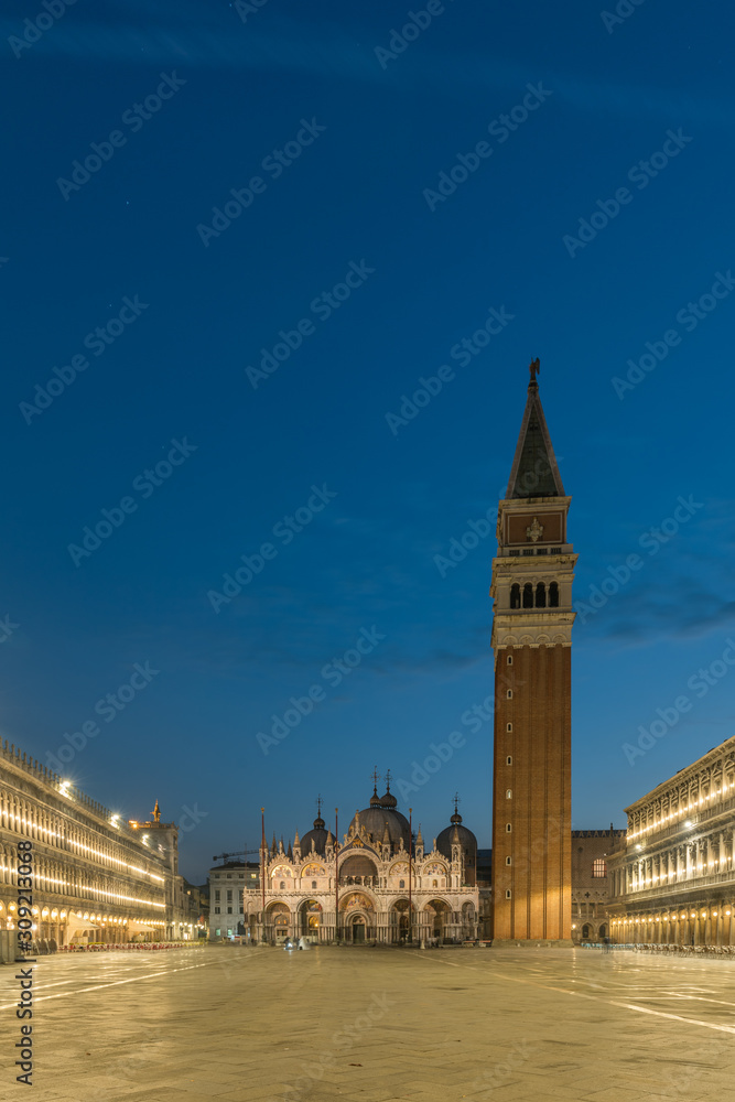 Early morning in San Marco Square without people in Venice before sunrise, Italy