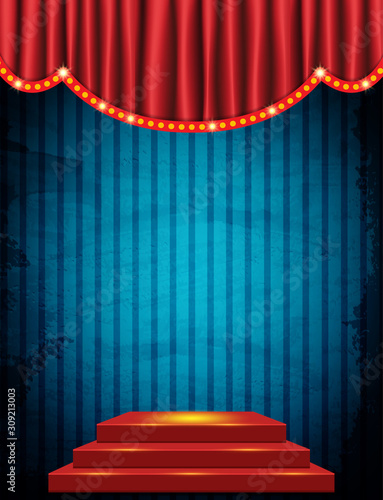 Vintage circus background with Red curtain and podium . Design for presentation, concert, show