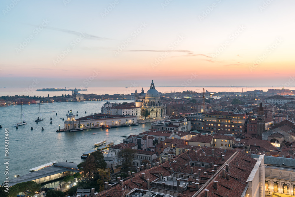 Aerial view of the landscapes during sunset in Venice, Italy