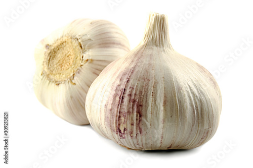 Garlic isolated on a white background. Two heads of raw garlic on a white background. Bulb of garlic close-up. Raw garlic isolated on a white background.