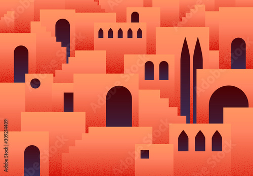 Abstract flat background with eastern, arabic or muslim ancient city with arches and step ladders in lush lava color