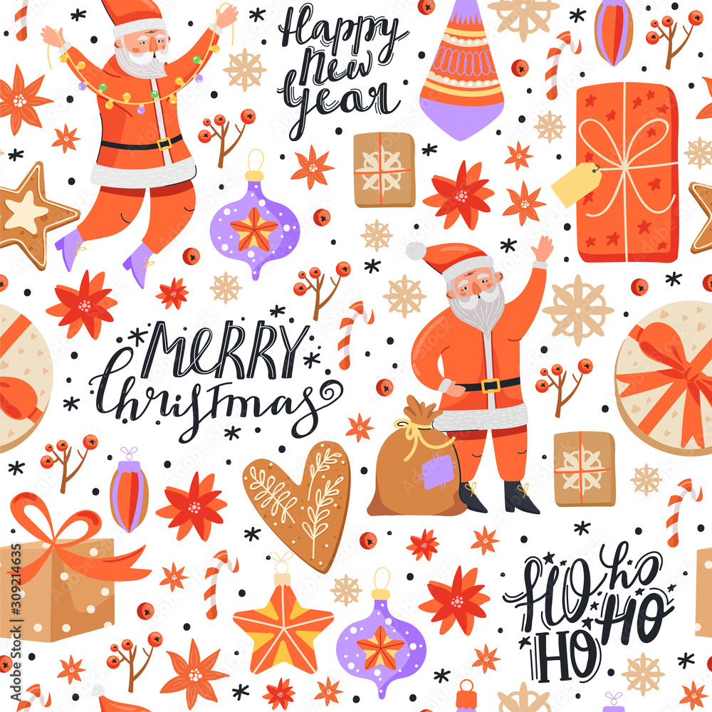 Merry Christmas background. Seamless pattern with Santa Claus, gingerbread, flower, lettering, berry, snowflake, candy and gift. Texture for textile, wrapping paper, packaging etc. Vector.