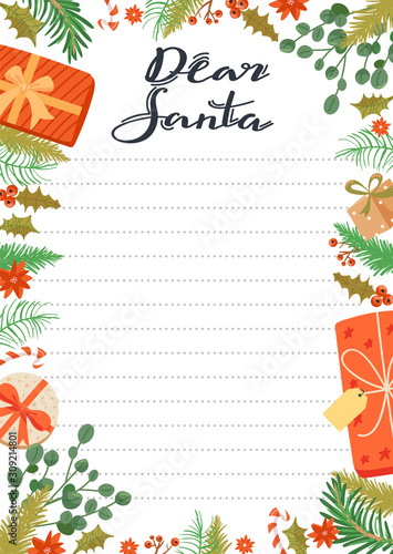 Letter to Santa Claus template. Frame with fir-tree branch, berry, flower, holly leaves present and place for wish list.