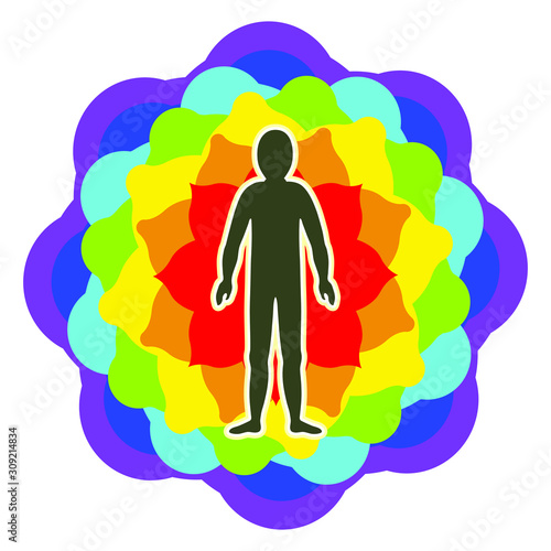 The aura of the body. Rainbow color marked layers of the male body. Etheric, emotional, metallic, astral, celestial and causal layer. Isolated vector on white background