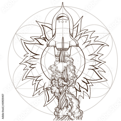 Conceptual illustration of the outline for coloring on the theme of space travel. Shattel and sun. Design for t-shirts, gifts, promotional leaflets and feature articles about space. photo