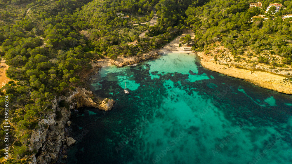 the Bay Cala Portals Vells Mallorca Spain, from the height of bird flight