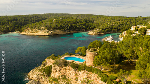 the Bay Cala Portals Vells Mallorca Spain, from the height of bird flight