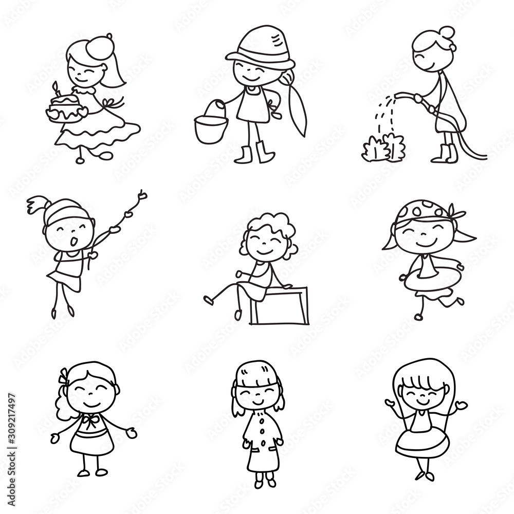 children illustration hand drawing vector happy kids girls happiness concept abstract cartoon character children illustration hand drawing vector happy kids girls happiness concept abstract cartoon character