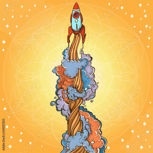Conceptual illustration on the theme of space travel. Flying in the space shuttle. Design for t-shirts, gifts, promotional leaflets and feature articles about space.