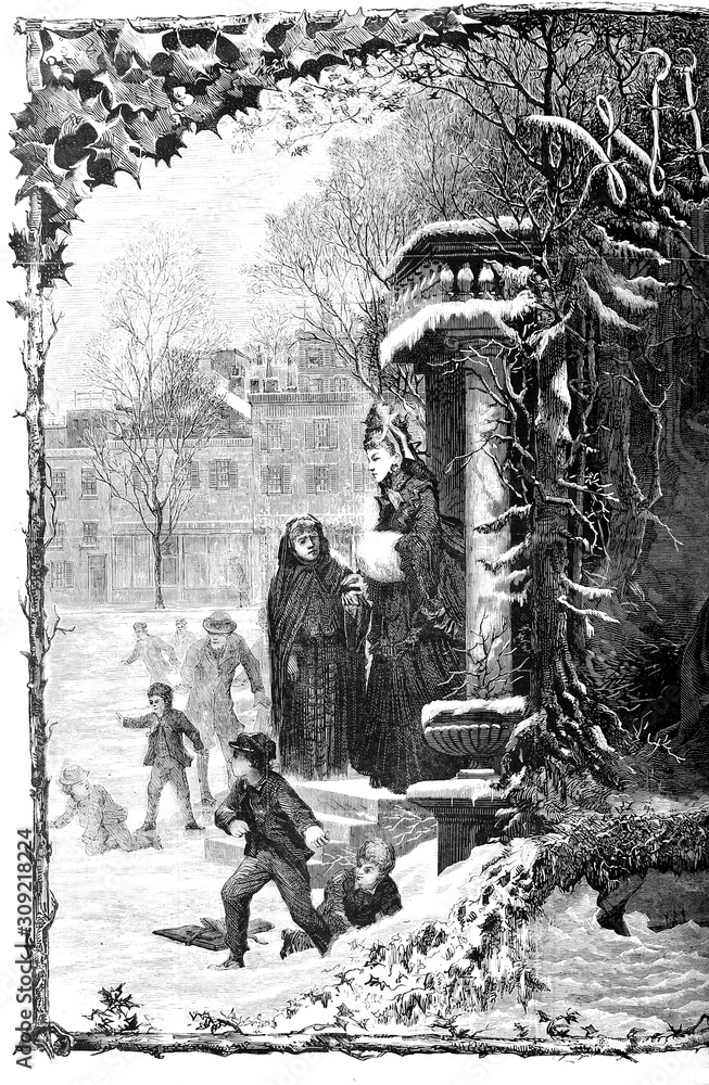 Cold Winter scenic, drawing illustration 1800s line art, snow, fridged, people huddled to keep warm. Children involved in Snowball Fight battle