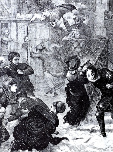Group of adult people playing in the snow, snowball fight, snow battle, illustration 1800s. Old time attire
