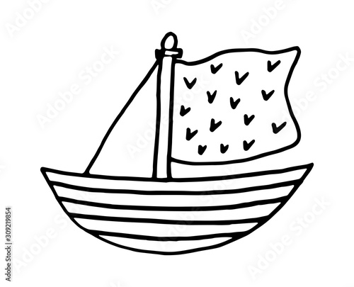Black and white boat isolated on white background. Vector stock illustration. Hand drawing outline ship for tattoo, coloring book, children's prints.