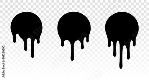 Current drops. Current inks. Paint dripping. Current paint, stains. Dripping liquid. Paint flows. Vector illustration. Color easy to edit. Transparent background.