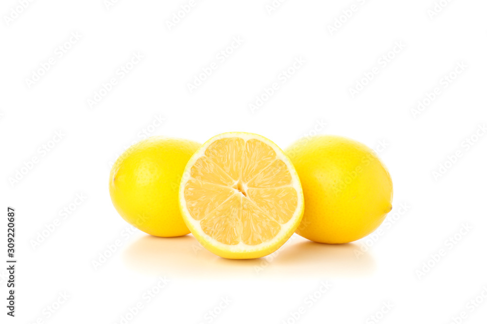 Fresh lemons isolated on white background, close up Fresh lemons isolated on white background, close up