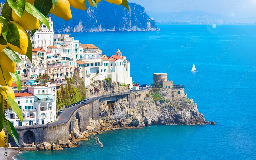 Beautiful Amalfi on hills leading down to coast, Campania, Italy. Amalfi coast is most popular travel and holiday destination in Europe.