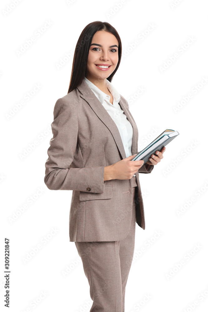 Real estate agent with notebook on white background Real estate agent with notebook on white background