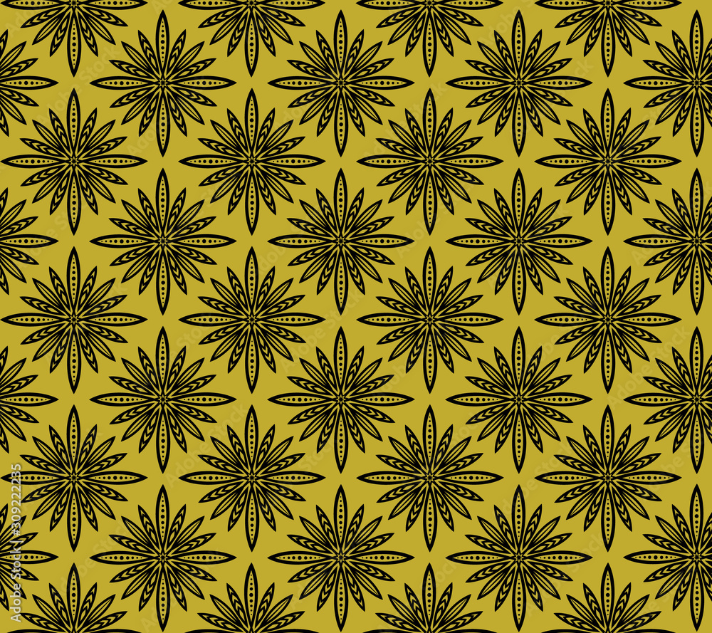 Golden openwork pattern on a black background. Vector seamless pattern of snowflakes. Abstract background for design. Gift wrapping, wrapper Golden openwork pattern on a black background. Vector seamless pattern of snowflakes. Abstract background for design. Gift wrapping, wrapper