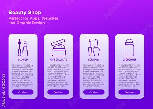 Mobile user interface for beauty shop. Thin line icons: make up, anti cellulite cream, nail care, deodorant. Modern vector illustration with copy space.