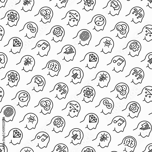 Mental health seamless pattern with thin line icons: mental growth, negative thinking, emotional reasoning, logical plan, obsession, inner dialogue, balance, brilliant thought. Vector illustration.