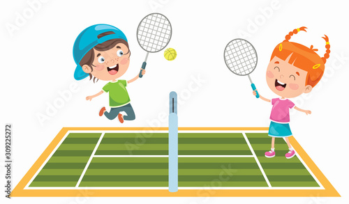 Cute Happy Kids Playing Tennis