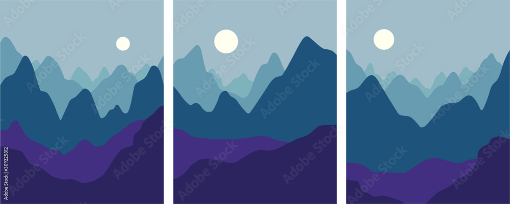 Minimalist landscape design, flat scenery postcard,nordic scandinavian design,poster set mountain range full moon purple and blue color palette