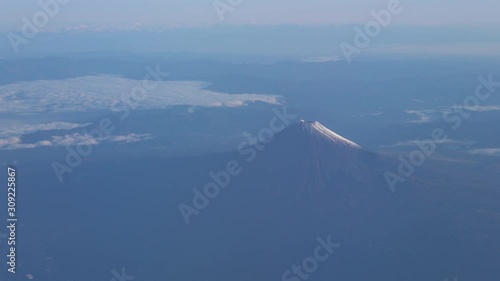 A bird's eye view close-up the Mount Fuji ( Mt. Fuji ) and blue sky. Scenery landscapes of the Fuji-Hakone-Izu National Park. Shizuoka Prefecture, Japan. 4K UHD photo