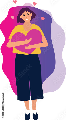 Love yourself, girl hugs heart. Narcissistic, self-confident people, increase self-esteem. Valentine's day, in love. Vector illustration