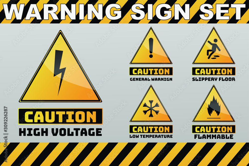 Set of yellow Triangle Hazard warning, attention sign. Isolated on background. Caution, accident prevention, notification vector illustration of radiation, low temp, high voltage, flammable Set of yellow Triangle Hazard warning, attention sign. Isolated on background. Caution, accident prevention, notification vector illustration of radiation, low temp, high voltage, flammable
