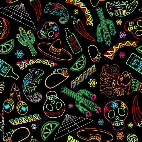Mexico Fiesta Ornamental Line Art Elements Vector Seamless Repeat Textile Pattern