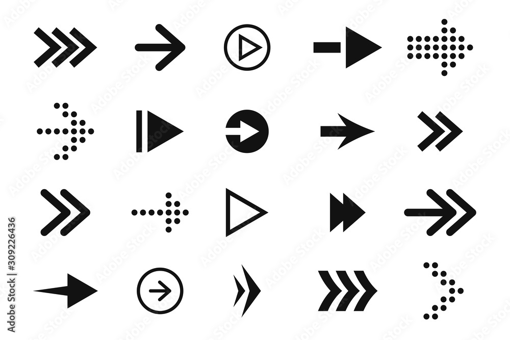 Set of arrows, forward and back. Black arrow icons and pictograms, pointers and direction signs. Straight arrows for web design