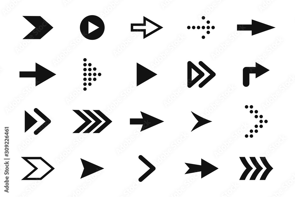 Set of arrows, forward and back. Black arrow icons and pictograms, pointers and direction signs. Straight arrows for web design Set of arrows, forward and back. Black arrow icons and pictograms, pointers and direction signs. Straight arrows for web design