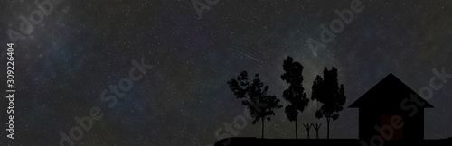 Night background of silhouette tree , human and house over stars constellation in universe galaxy. Concept of safe world by turn off the light. Can used for Earth Day background.