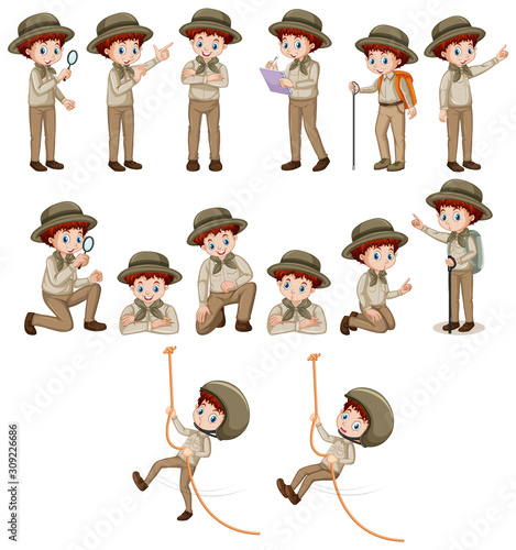 Boy in safari outfit doing different poses