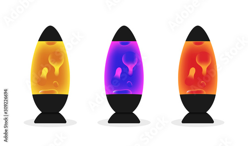 Lava lamp with colorful fluid bubbles. Set of retro lava lamps with luminous abstract shapes