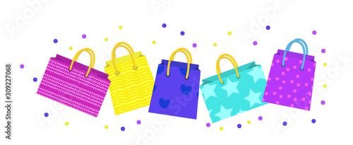 Cute shopping bag banner. Colorful shopping bags with different design board. Gift package with space for text. Vector Illustration