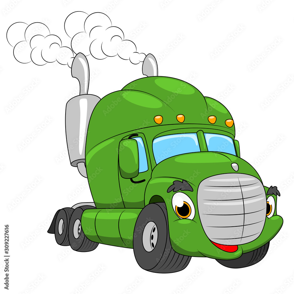 Vector cartoon semi truck. Cartoon funny truck. Green cute car. Stock  Vector | Adobe Stock