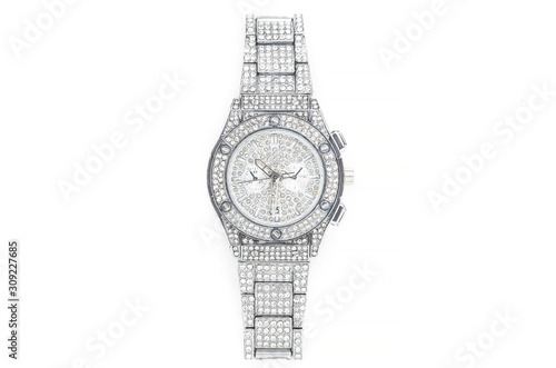 Modern watches with shiny pastes and gems isolated on white